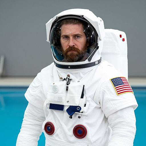 Photograph of bearded man in white astronaut suit with American flag patch, reflective helmet, and blue water background, looking serious.
