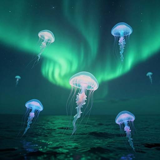 Photograph of glowing blue jellyfish floating in dark, turbulent water beneath a vibrant green aurora borealis in the night sky.