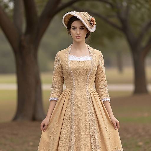 Photograph of a fair-skinned woman in a Victorian-style, yellow lace dress with three-quarter sleeves and a flower-adorned hat, standing in