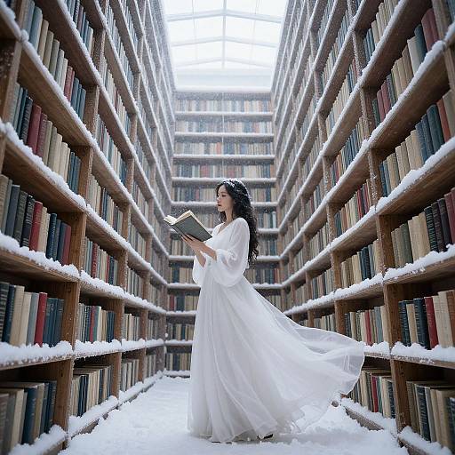 Photograph of a dark-haired woman in a flowing white wedding dress, standing amidst snow-covered bookshelves, reading a book in a long, narrow