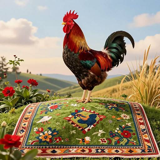 Photograph of a vibrant rooster with multicolored feathers standing on a detailed, colorful rug in a sunlit meadow with red flowers and rolling