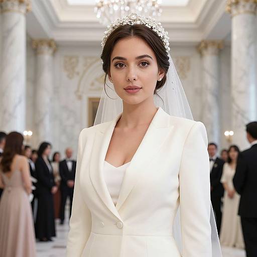 Photograph of a beautiful brunette bride with fair skin, wearing a white suit and veil, standing in an ornate, elegant wedding venue with blurred guests