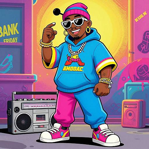Colorful digital illustration of a confident Black DJ in a blue hoodie, pink pants, and white sneakers, pointing upwards, with a boombox and vibrant