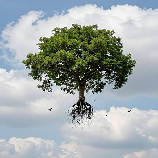 Photograph of a lush, green tree with visible roots floating in a bright blue sky filled with fluffy white clouds. Birds are flying around the base of