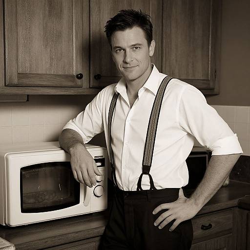 Photograph of a smiling man in a white shirt and black suspenders, leaning on a microwave in a wooden kitchen. Black-and-white filter.