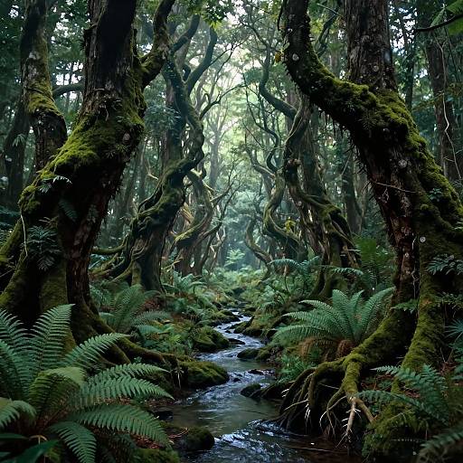 Photograph of a dense, moss-covered forest with twisting, gnarled trees, lush ferns, and a winding stream flowing through the center.