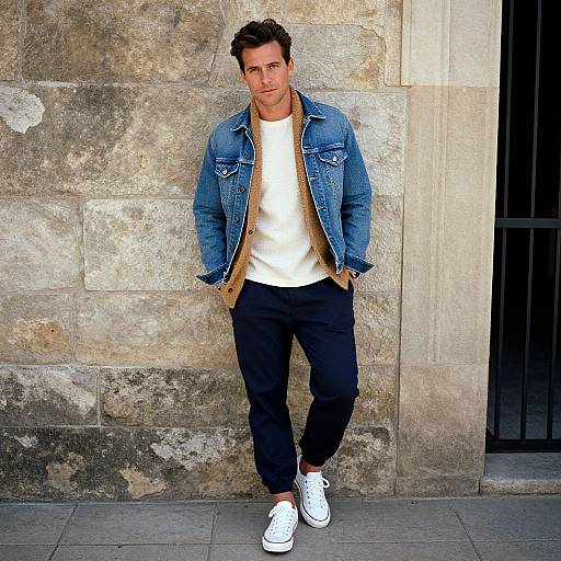 Photograph of a handsome man with short brown hair, wearing a denim jacket, white t-shirt, black pants, and white sneakers, leaning against a