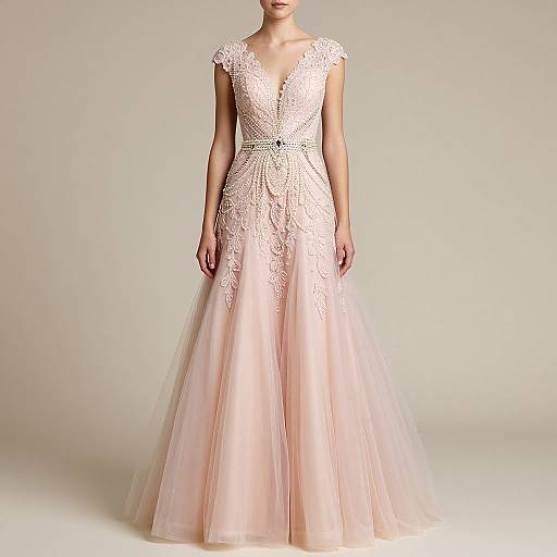 Photograph of a woman wearing an elegant, sheer-lace, pink ball gown with a deep V-neck and short cap sleeves.