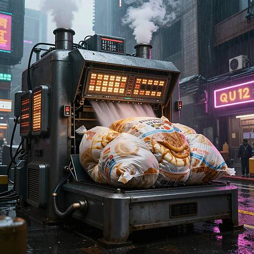 Cyberpunk city street at night, rain falling; a steamy, black vending machine dispenses large, white plastic bags of food. Neon signs