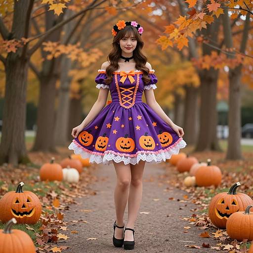 Young Woman in Purple Halloween Dress Outdoors