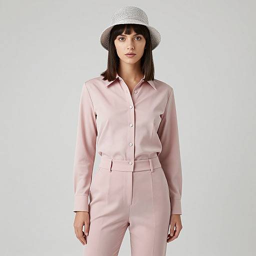 Photograph of a woman with straight black hair, wearing a white polka-dot hat and light pink button-up jumpsuit, standing against a plain white