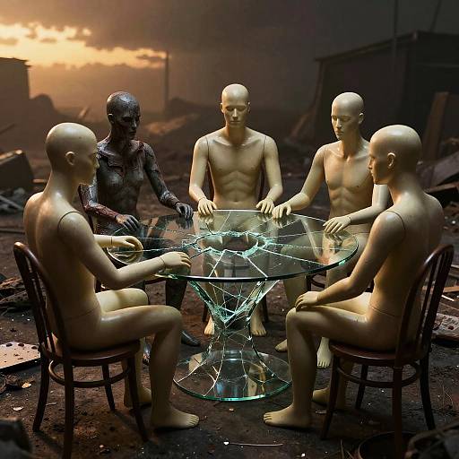 Eerie Mannequins Around Shattered Glass Table