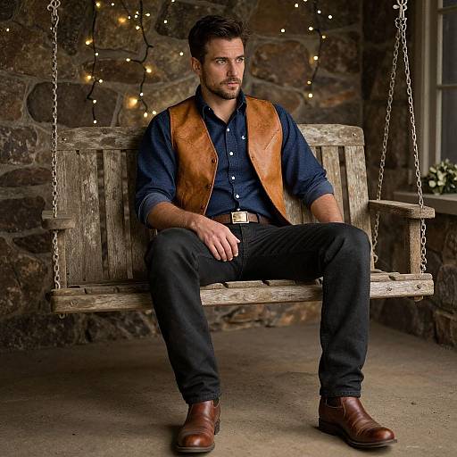 Photograph of a handsome bearded man with dark hair, wearing a brown leather vest, blue shirt, black pants, and brown boots, sitting on