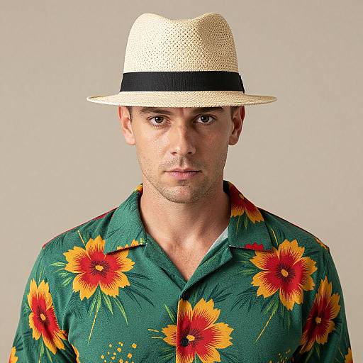 Photograph of a serious-looking man wearing a beige straw hat with a black band, and a green shirt adorned with large red and yellow flowers.