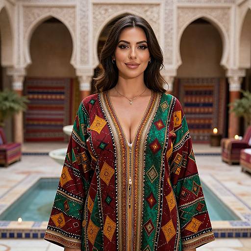 Photograph of a smiling South Asian woman with long dark hair, wearing a colorful, patterned traditional robe, standing in an ornate courtyard with ar