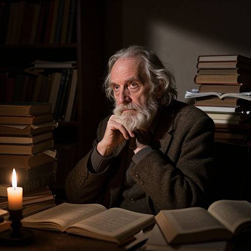 Photograph of an elderly man with a white beard, wearing a dark sweater, sitting in a dimly lit library, surrounded by stacks of books,