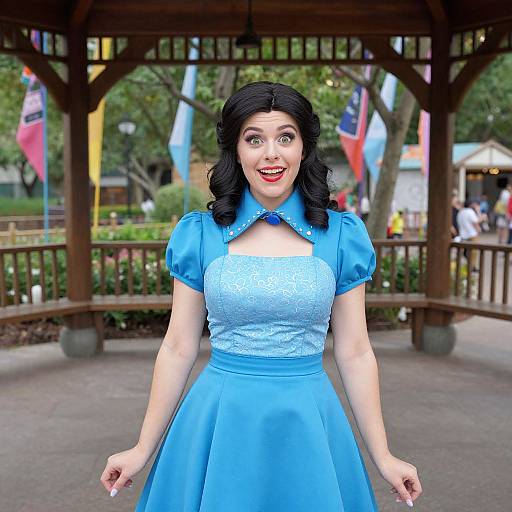 Photorealistic CGI of a smiling woman with black curls, bright red lipstick, blue puffed-sleeve dress, standing in a festive outdoor pav