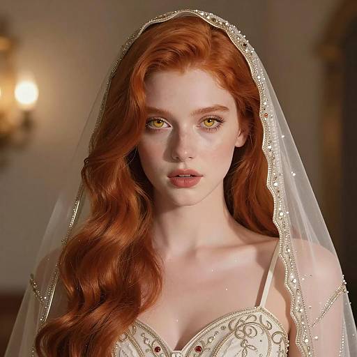 Young Woman with Red Hair and Golden Eyes in Veil