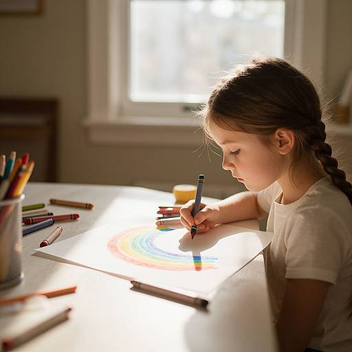 Photograph of a young girl with braided brown hair, wearing a white t-shirt, intently drawing on a brightly lit white paper with colored pencils