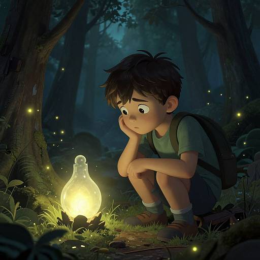 Digital illustration of a young boy with dark hair, wearing a green shirt and backpack, crouching by a glowing lantern in a dark, enchanted forest
