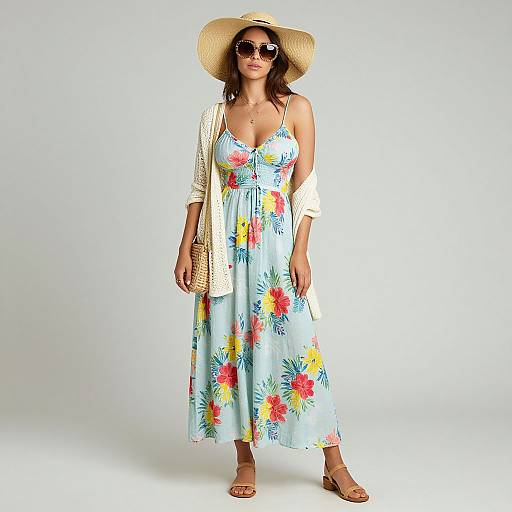 Photograph of a woman in a light blue floral dress, white cardigan, straw hat, sunglasses, and brown sandals, standing against a plain white