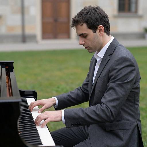 Man in Gray Suit Playing Piano Outdoors