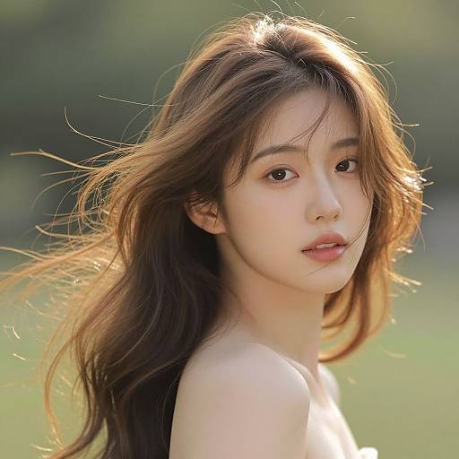 Photograph of an Asian woman with long, brown hair, soft light skin, and subtle makeup, gazing slightly to the side, sunlight illuminating