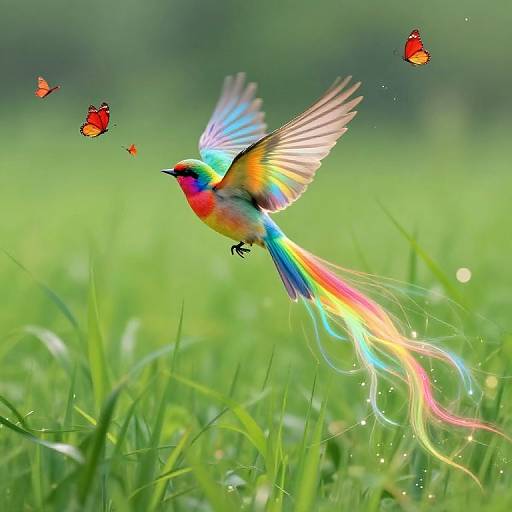 Surreal Bird with Rainbow Tail Soaring
