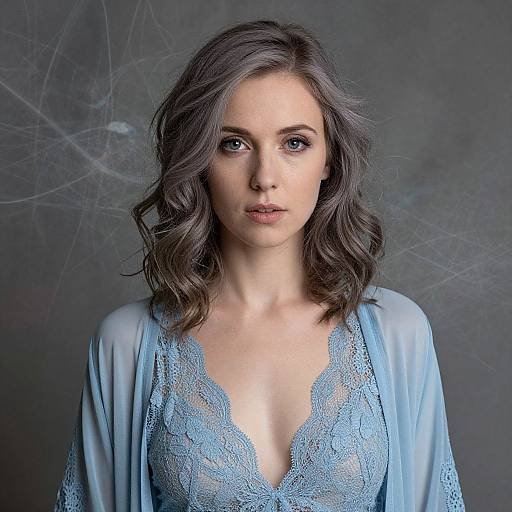 Photograph of a fair-skinned woman with wavy grayish-brown hair, wearing a sheer blue lace robe over a low-cut lace top,