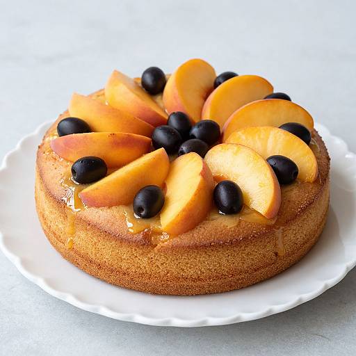 Photograph of a round, golden-brown cake topped with sliced peach halves and blueberries, on a white plate, against a gray background.