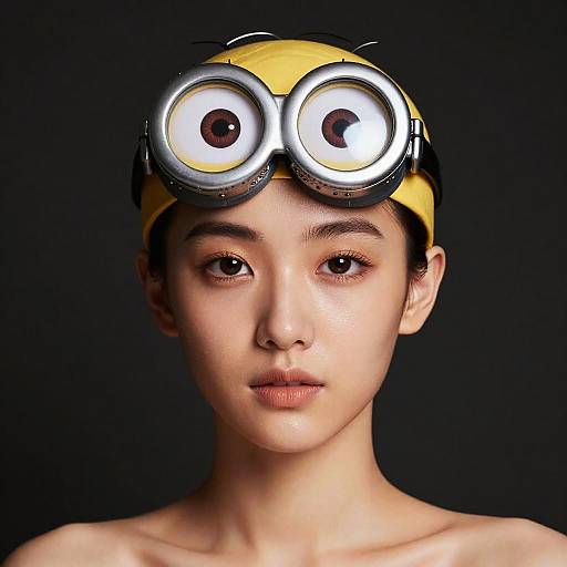 Photograph of an Asian woman with fair skin, wearing a yellow headband with oversized, cartoonish goggles, against a dark background.