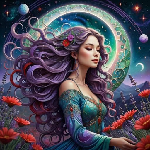 Fantasy Woman with Flowing Hair Under Celestial Sky