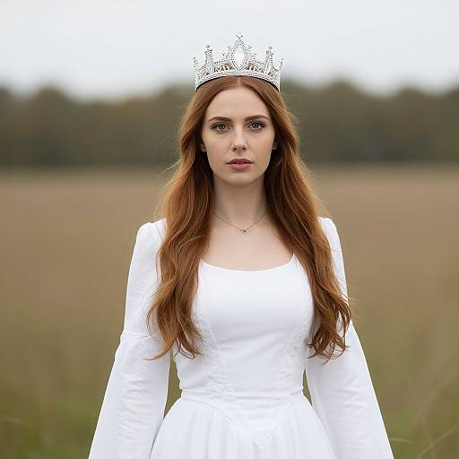 Photograph of a fair-skinned woman with long red hair, wearing a white dress and silver tiara, standing in a blurred field.