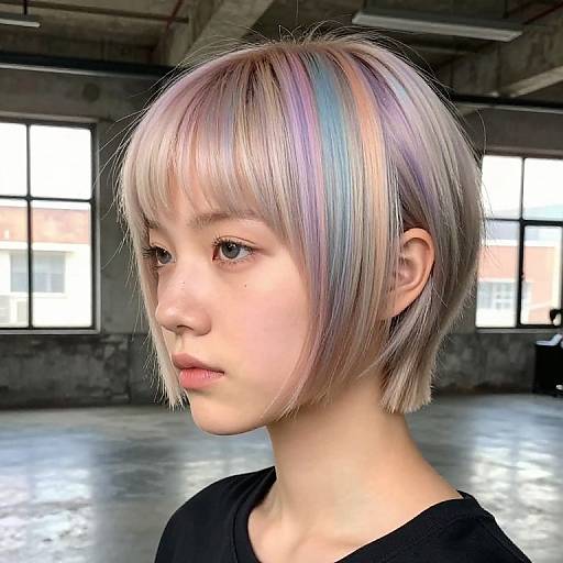 Photorealistic digital portrait of a young person with short, pastel-colored, platinum blonde hair, pale skin, and black shirt, in an industrial