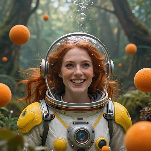 Photograph of smiling red-haired woman in yellow and white space suit with clear helmet, surrounded by floating oranges in foggy forest.