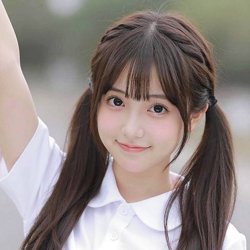 Smiling Young Woman with Twintails in White Uniform