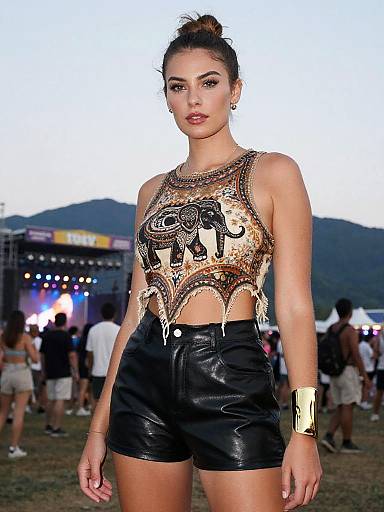 Photograph of a confident woman with tan skin, brunette hair in a bun, wearing a gold embellished crop top and black leather shorts, standing outdoors