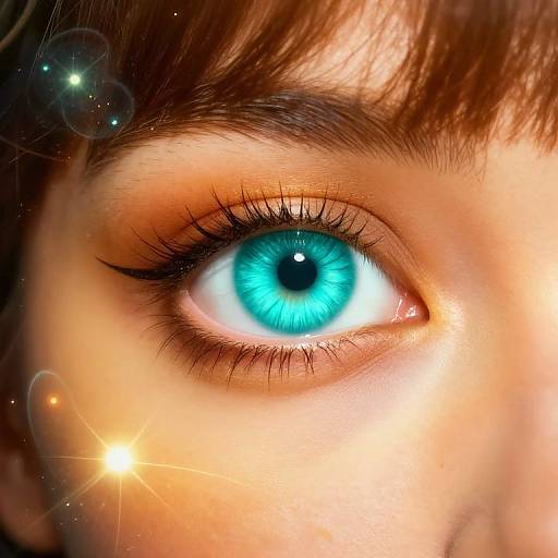 Close-up photograph of a vibrant blue eye with long eyelashes, brown eyebrows, and subtle light flares, highlighting the eye's intense gaze.