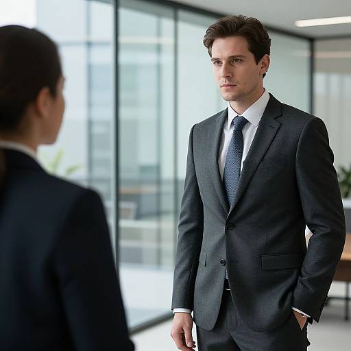 Photograph of a handsome, Caucasian man in a dark gray suit, white shirt, and blue tie, standing in a modern, bright office, facing
