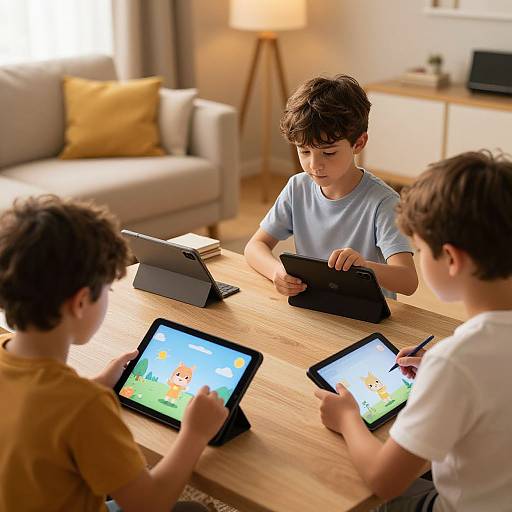 Photograph of three young boys with brown hair, wearing casual t-shirts, focused on black tablets with colorful educational apps on a wooden table in a bright