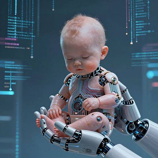 Photorealistic CGI of a cybernetic baby with mechanical limbs, seated in a futuristic, blue-lit environment, focusing downward.