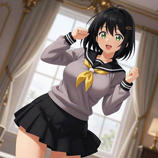 Anime-style digital illustration of a cute, black-haired girl with green eyes, wearing a gray school uniform with yellow tie, black skirt, and standing in