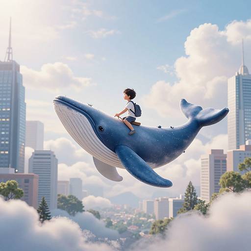 Digital art of a child in a white sailor uniform riding a giant blue whale over a cityscape with skyscrapers and clouds.