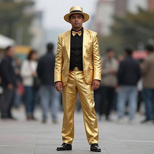 Photograph of a young Asian man in a gold suit, black vest, bow tie, and hat, standing confidently in a blurred city street with people