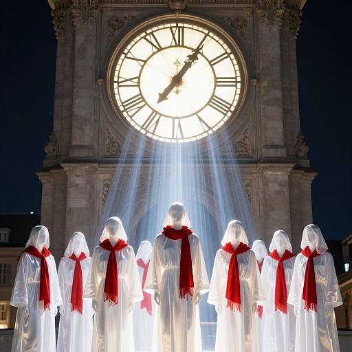 Ethereal Clock Tower with Cloaked Figures