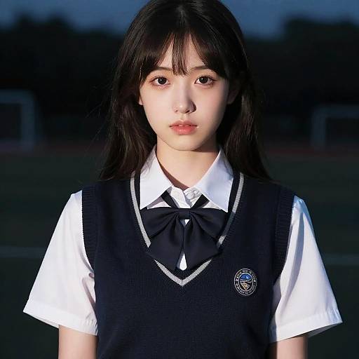 Photograph of an Asian teenage girl with long black hair, wearing a black school sweater over a white shirt, against a dark, blurred outdoor background.