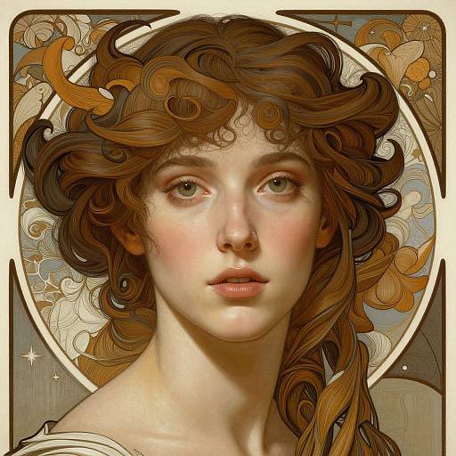 Digital art portrait of a fair-skinned, green-eyed woman with curly brown hair, framed by ornate floral patterns and a golden halo.