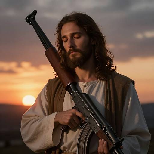 Photograph of a bearded Jesus with long brown hair holding a rifle, set against a dramatic sunset sky with orange and purple hues.