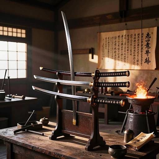 Photograph of traditional Japanese swordsmith's workshop: two katana swords on a rack, forge with flames, calligraphy scroll, sunlight through window.