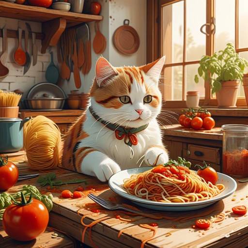 Charming Cat Dining on Spaghetti